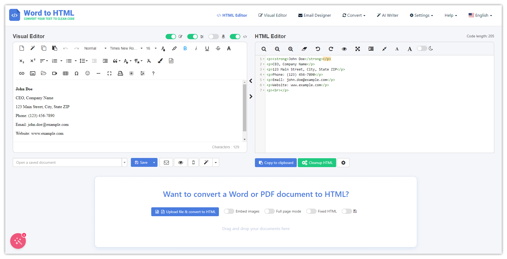 screenshot of Word to HTML